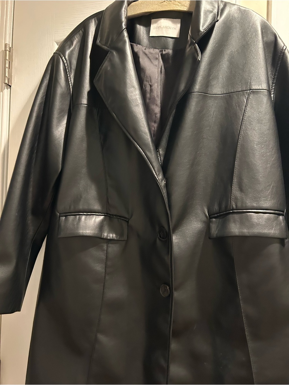 Black Vegan Leather Long Coat - Sleek Women's Leather Jacket - Picture 2 of 3